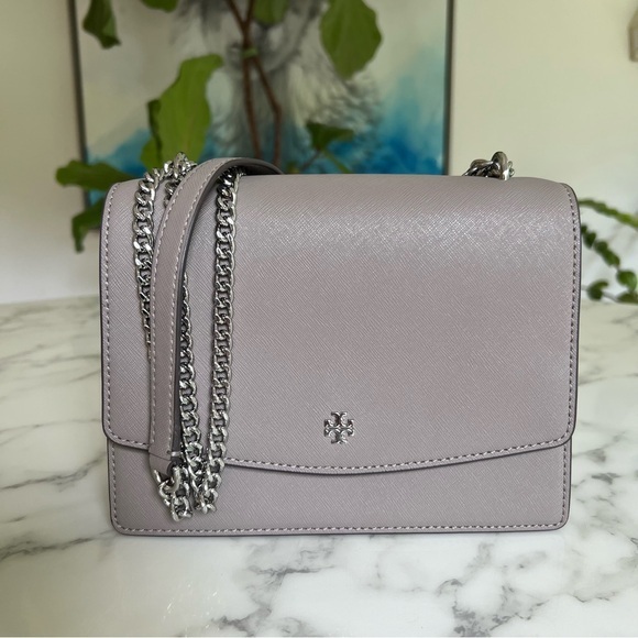 Tory Burch Emerson Envelope Convertible Crossbody Shoulder Bag Grey Heron Silver - Picture 1 of 15